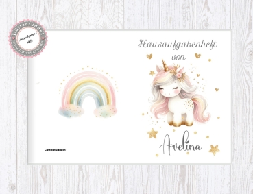 Preview: zuckersüßes Schulheft Umschlag Einhorn Vintage mit Name Hausaufgabenheft in seperater Hochwertiger Hülle von Lüttentüddel®